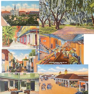 New Orleans Vintage Souvenir Illustrierte farbige Leinenpostkarten von verschiedenen Sehenswürdigkeiten