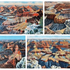 Grand Canyon Vintage farbiges Leinen Postkarten-Set mit 6 illustrierten Szenen des Grand Canyon, verkauft von Fred Harvey Restaurants