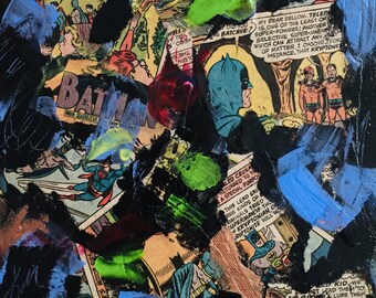 Batman & Superman - painting, collage art, Superhero artwork, acrylic on canvas original vintage art collection from 1965 DC comic books.