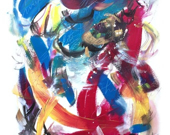 May include: Abstract painting with bold strokes of red, blue, yellow, and black paint on a white background. The painting has a dynamic and energetic feel.