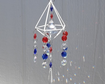 Suncatcher for Windows/Independence Day/July 4th Decor/Hanging Prism/Geometric Suncatcher/Garden Decoration/Red White Blue/Housewarming Gift