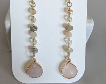 Gemstone Earrings,Moss Agate and Crystal Earrings, Rose Quartz Bezel Drop, Bridal Jewelry, Long Earrings for Women,Girlfriend Gift, Teardrop