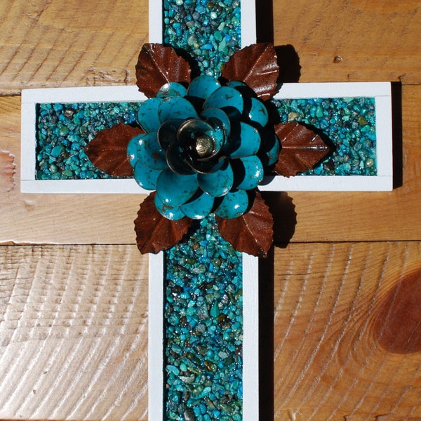 Turquoise Stone Wood Cross Semi Precious Stone Wall Decor Wall Cross Home Decor Rustic Flower Cross