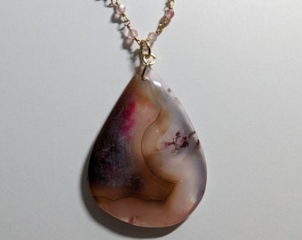 Pink Moss Agate Necklace-22k Gold Rosary Chain- Stawberry Quartz Beaded Chain-Natural Stone Pendant-Girlfriend Gift-Free Shipping