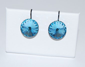 14mm Swarovski™ Crystal Earrings,Rivoli Crystal Earrings,Gunmetal Finish,March Birthday,Light Blue Earring,