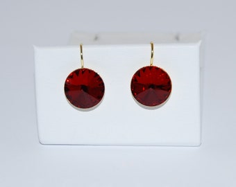 14mm Swarovski™ Crystal Earrings,Siam Red,Rivoli Crystals,Gold Finish,January Birthstone,Mothers Day Gift