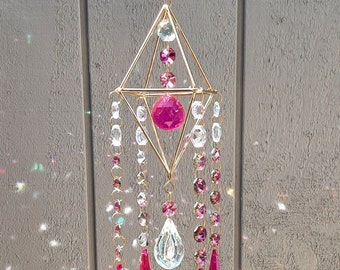 Crystal Suncatcher For Windows And Garden, Hanging Prism, Pink Crystals, Garden Decoration, Geometric Suncatcher, Himmeli, Birthday Gift