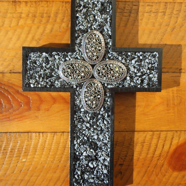 Wood Cross Snowflake Obsidian Wall Cross Home decor Handcrafted Cross