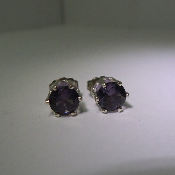 6mm Round Lab Amethyst Surgical Steel Post earrings Sensitive Ear 6 prong setting silver earrings