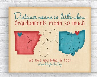 Long Distance Grandparent Gift, Grandparent Gift, Personalized Grandparent Print, Map, US States or Canada Provinces, World Countries