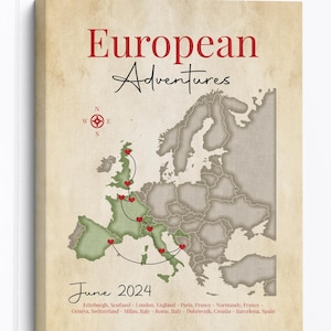 Carte des aventures en Europe, décoration de voyage personnalisée, souvenir de voyage, itinéraire de vacances en Europe