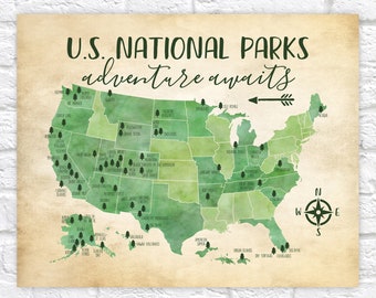 US National Parks Map, Adventure, Mountains, Parks, Rivers, Tribal, Watercolor Green, Kids Bedroom, Classroom, Educational, USA Parks