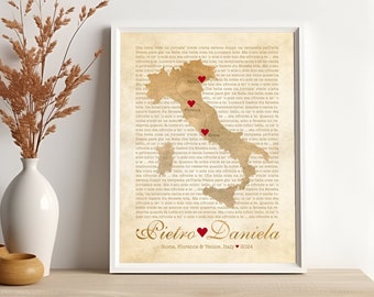 Italy Wedding Gift, Map of Italy with Any Locations, Engaged, Florence, Rome, Amalfi Coast, Venice, Italian Poem, Tuscany, Sicily