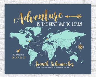 Study Abroad Map, Gift for Foreign Exchange Student, Adventure Quote, Studying overseas, World Map Gift, Hosted Student Gifts Moving