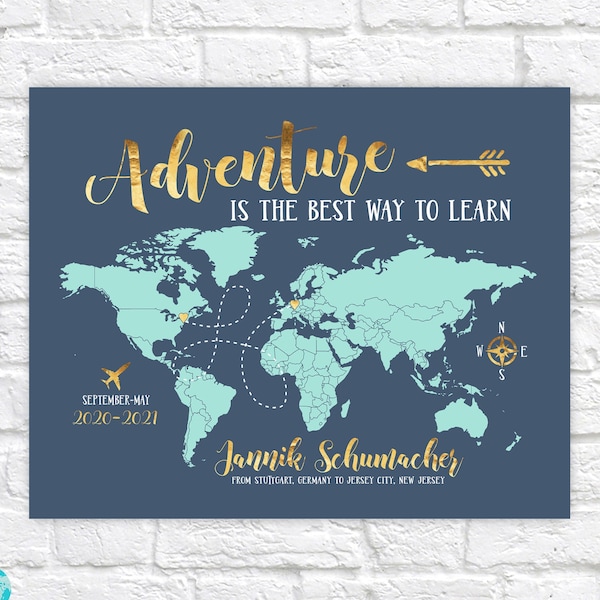 Study Abroad Map, Gift for Foreign Exchange Student, Adventure Quote, Studying overseas, World Map Gift, Hosted Student Gifts Moving