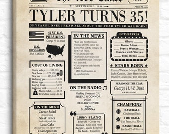 35th Birthday Newspaper for 1990 Birth Year, The Year You Were Born Fun Facts on Print, Canvas
