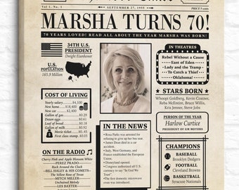 70th Birthday Newspaper Print, Personalized The Year They Were Born Gift, Birthday Sign, Born In Any Year, Party Decor, Special Birthday