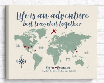 Custom World Map Travel Poster - Personalized Travel Map with Travel Quote - Life is an Adventure - Personalized Gift