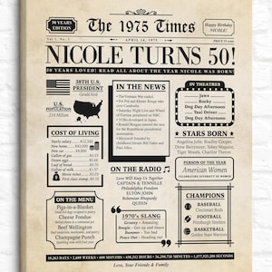 1975 50e verjaardag krantenafdruk, 50 jaar geleden, gepersonaliseerd feestdecor, verjaardagscadeau voor vrouw of man die 50 jaar oud wordt