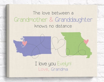 Long Distance Map for Granddaughter from Grandma - Personalized Wall Art for Nursery or Girls Bedroom, Gift for young Granddaughters