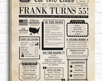55th Birthday Newspaper, 1970 Facts, Fun Party Decor, Gift Idea for Bday, The Year You Were Born Print