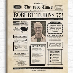 75歳の誕生日新聞ギフト、1950年のニュースプリント、パーソナライズされた名前と生年月日、生まれた年、誕生日パーティーの装飾、キャンバスアート