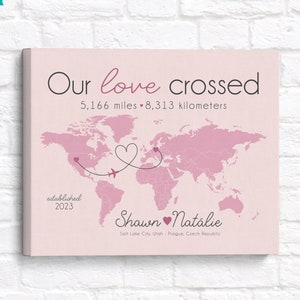 Personalized Long Distance Relationship World Map - Customizable Gift for Girlfriend - World Map with Distances Between Two Locations