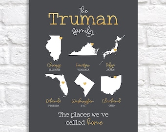 Places Lived Maps, Family Name Personalized Housewarming Gift, Military, Map of Places Lived In, Home Decoration, Moving Gift, Army Marines