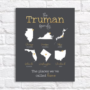 Places Lived Maps, Family Name Personalized Housewarming Gift, Military, Map of Places Lived In, Home Decoration, Moving Gift, Army Marines