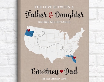 Personalized Long Distance Father Daughter Map - Custom Names and Locations - Unique Gift for Dads and Daughters, Fathers Day 2023