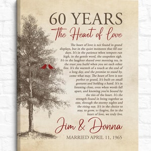 CADEAU DU 60E ANNIVERSAIRE - Poème sur l'amour avec un arbre et deux oiseaux, oeuvre d'art sur le mariage de 60 ans, cadeau pour parents, grands-parents, maman et papa