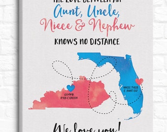 Aunt, Uncle, Niece, Nephew Gifts, Custom Maps, Long Distance Family, Christmas Gifts for Aunt and Uncle, Living Far, Birthday, Two Map Art