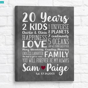 Silver 20th Anniversary Art, Personalized Gift for Wife, Husband on 20 Year Anniversary, Platinum Tone Canvas Sign