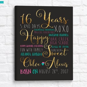 Regalo per 16 anni, dolci sedici anni, regalo per il 16° compleanno, regalo per la migliore amica, figlia, regali per ragazze adolescenti, figlia adolescente, poster per camera da letto