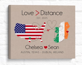 Long Distance Relationship - Personalized Maps, Flags of Countries, Connected by Heart, Couple in LDR, Boyfriend Girlfriend Present