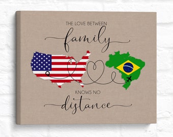 USA to Brazil Flag Map Art - Personalized Long Distance Family Gift, Leaving the Country, Moving Away Canvas Art, Overseas Travel, Au Pair