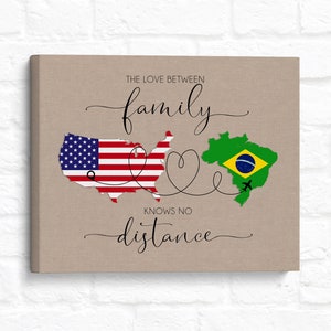 Mapa artístico con la bandera de EE. UU. a Brasil: regalo familiar personalizado de larga distancia, arte en lienzo para mudanzas, viajes al extranjero, au pair