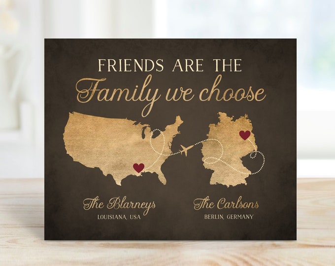 Featured listing image: Moving Gift for Friends who are like Family, Custom Long Distance Friendship, Going Away Quote Maps, Moving State, Country, Continent Sign