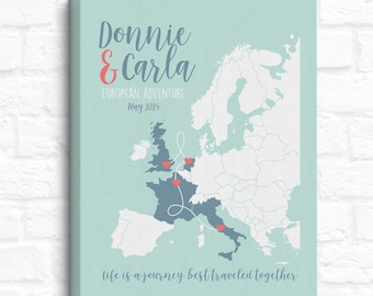 Europe Travel Route Map, Personalized Trip Memento, European Adventures Map Art for Home Decor