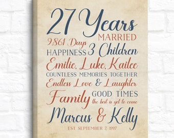 27th Anniversary Art, Personalized Gifts for 27 Year Marriage, Custom Home Decor Print, Married in 1997, Gifts for Wife, Husband