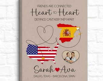 Foreign Exchange Student Moving Home Gift, US and Spain Flag Maps for Friends, Personalized With Any Two Countries, Friendship Poster