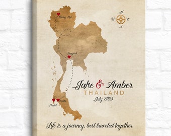 Thailand Travel Map, Personalized Locations with Hearts, Honeymoon Gift, Thai Adventure Route