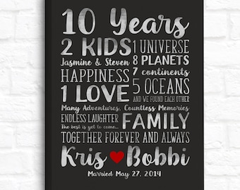 10th Anniversary Art, Personalized Gift for Wife 10 Year Marriage, Black and Silver Paper Anniversary Present