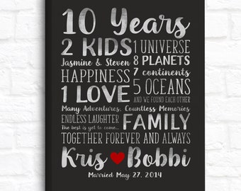 10th Anniversary Art, Personalized Gift for Wife 10 Year Marriage, Black and Silver Paper Anniversary Present