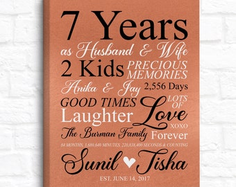 7th Anniversary Gift, Copper 7 Year Anniversary Art Personalized Sign, Couples Gift, 7th Anniversary for Him, Her, Husband, Wife Seven Years