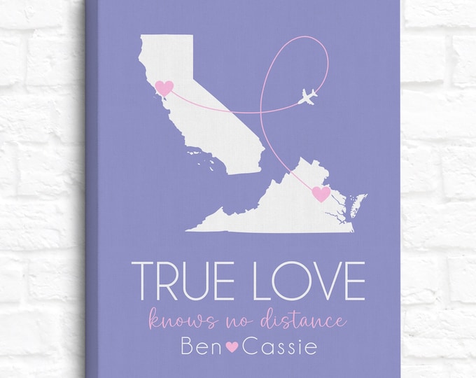 Featured listing image: Long Distance Relationship Map Art, Gift for Girlfriend in Another State, Moving Away Gift for Boyfriend, Hearts Connecting on States