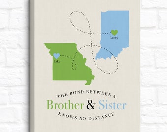 Personalized Gift for Brother from Sister, Moving Gift for Siblings, Long Distance Map Art, Graduation Gift