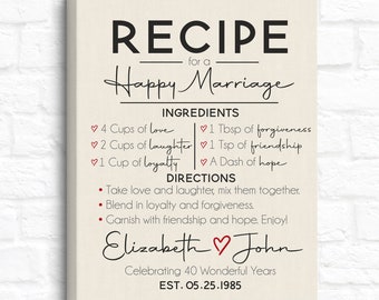 Recipe for a Happy Marriage, Personalized Anniversary Gift for Husband, Wife, 40th Anniversary Gifts, Ruby Red Hearts, Kitchen Art