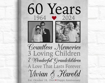 60th Anniversary Gift for Parents, Grandparents, Personalized 60 Years Married Then and Now Photos, Print or Canvas Sign