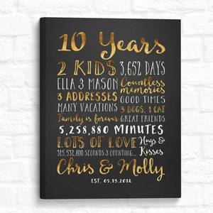 10 Year Anniversary Personalized Art for Home Decor, Gift for Wife on 10th Anniversary, Husband Anniversary Present, Married 2014 image 1